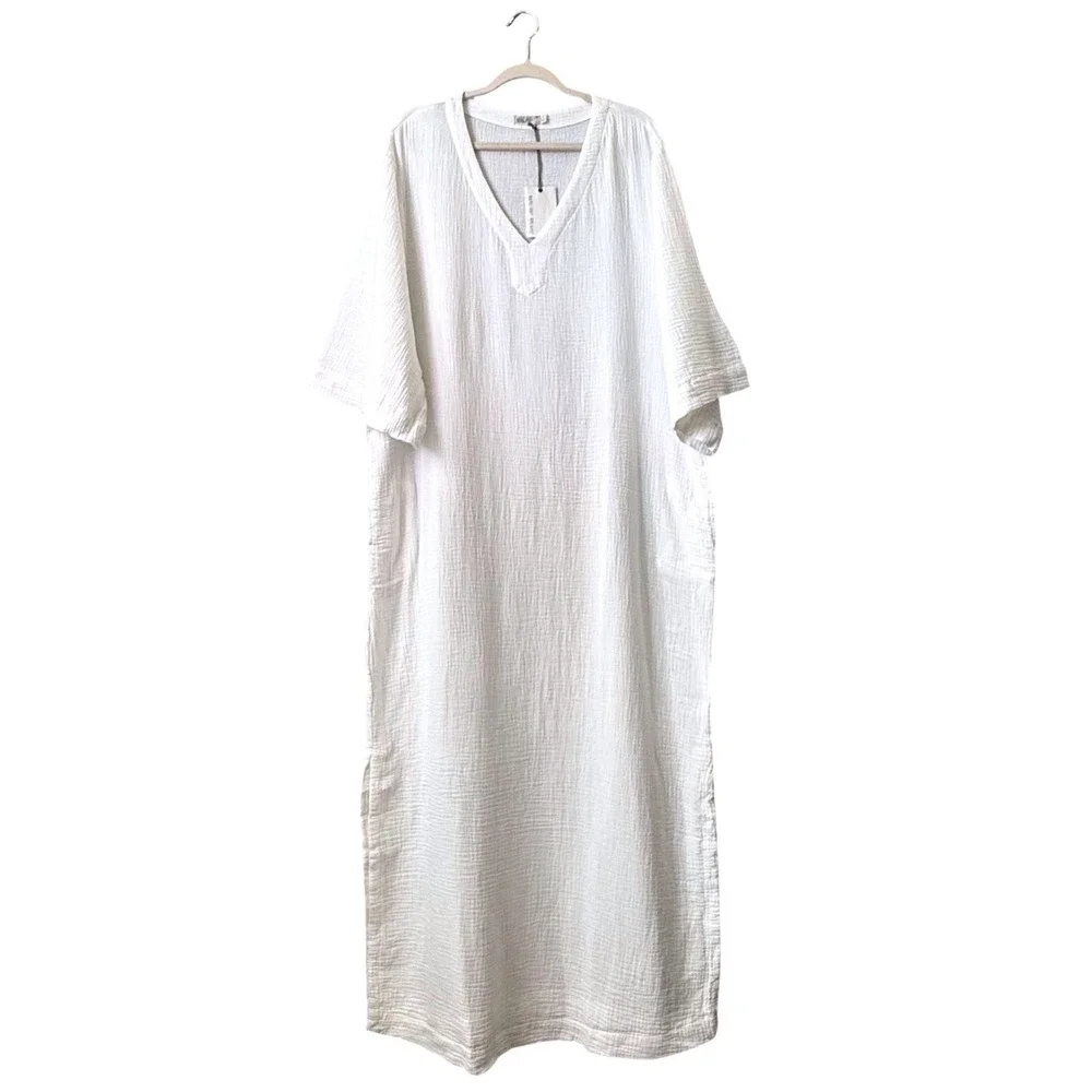 Barefoot Dreams Malibu Collection Crinkle Cotton V-Neck Caftan Dress Size L - Picture 4 of 10